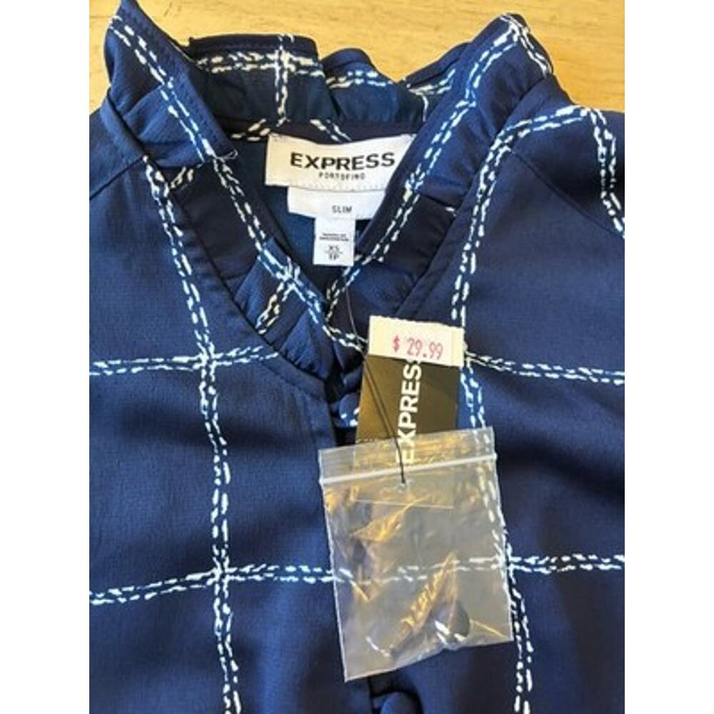 NWT Express Windowpane Button Blouse Victorian Asian Dark Academia Ruffle Neck S - Picture 6 of 16